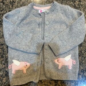 Baby Boden Gray Cardigan with Pink Winged Pig Design